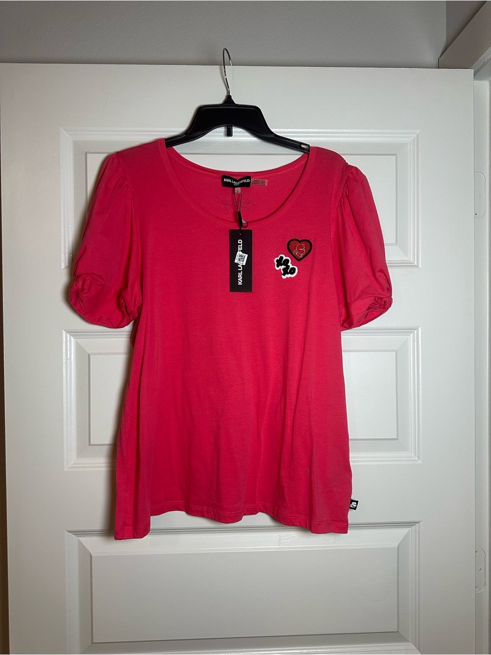 Karl Lagerfield Hot Pink Puff Sleeve Tee with Heart Patch